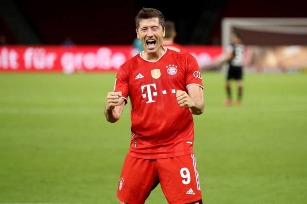 BERLIN, GERMANY - JULY 04: Robert Lewandowski of Bayern Muenchen celebrates scoring the 4th team goal during the DFB Cup final match between Bayer 04 Leverkusen and FC Bayern Muenchen at Olympiastadion on July 04, 2020 in Berlin, Germany. (Photo by Alexander Hassenstein/Getty Images)
