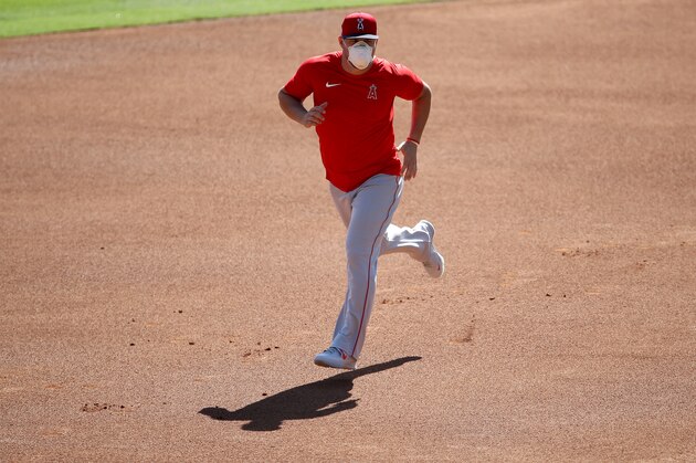 ANAHEIM, CALIFORNIA - JULY 03:  Mike Trout #27 of the Los Angeles Angels practices running the bases during their summer workouts at Angel Stadium of Anaheim on July 03, 2020 in Anaheim, California. (Photo by Sean M. Haffey/Getty Images)