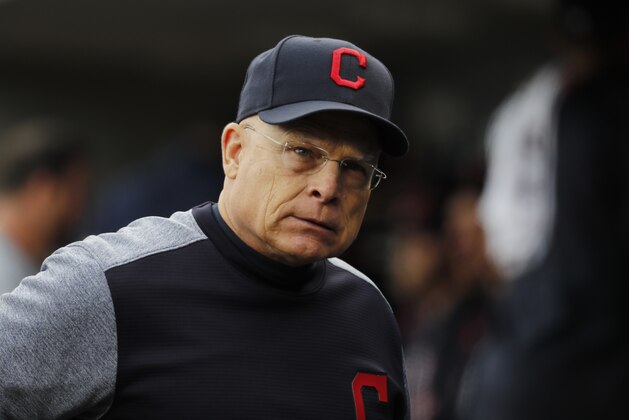 Cleveland Indians bench coach Brad Mills watches against the Detroit Tigers in the first inning of a baseball game in Detroit, Wednesday, May 3, 2017. (AP Photo/Paul Sancya)