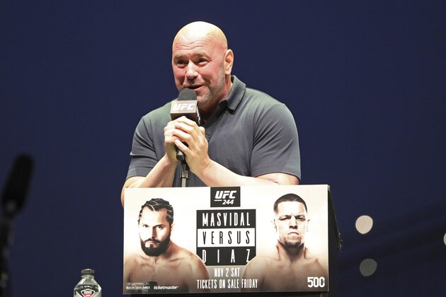 Dana White speaks at a news conference for the UFC 244 mixed martial arts event, Thursday, Sept. 19, 2019, in New York. Jorge Masvidal is scheduled to fight Nate Diaz Saturday, November 2 at Madison Square Garden. (AP Photo/Gregory Payan)