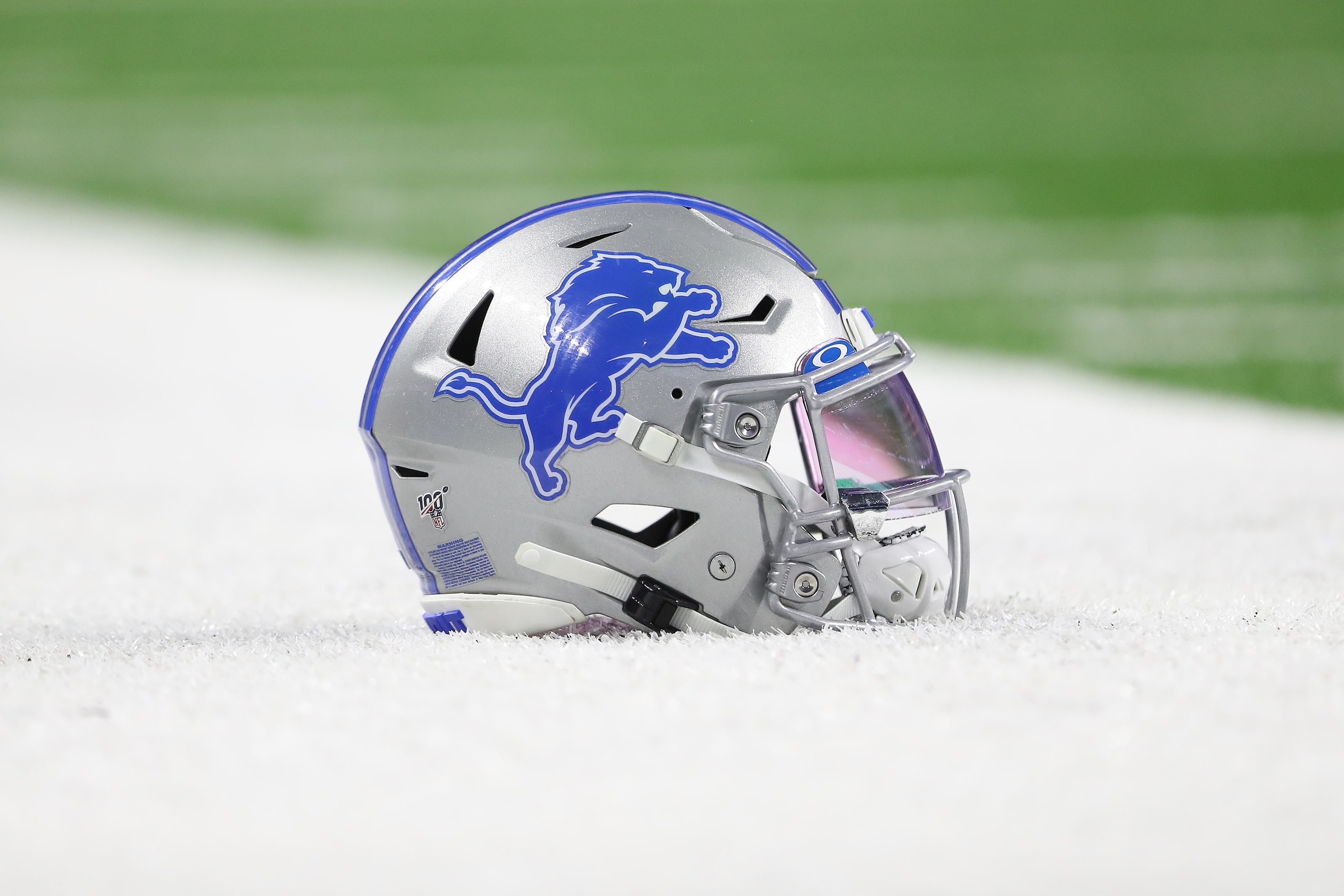DETROIT, MI - DECEMBER 29: Detroit Lions helmet is seen on the field before the game between the Green Bay Packers and the Green Bay Packers at Ford Field on December 29, 2019 in Detroit, Michigan. (Photo by Rey Del Rio/Getty Images)