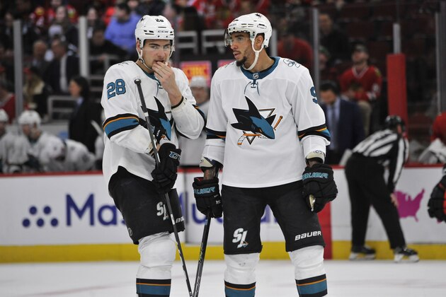 San Jose Sharks' Timo Meier (28) of The Czech Republic, talks with teammate Evander Kane (9) during the third period of an NHL hockey game against the Chicago Blackhawks Wednesday, March 11, 2020, in Chicago. Chicago won 6-2. (AP Photo/Paul Beaty) San Jose Sharks' Timo Meier (28) of The Czech Republic, talks with teammate Evander Kane (9) during the third period of an NHL hockey game against the Chicago Blackhawks Wednesday, March 11, 2020, in Chicago. Chicago won 6-2. (AP Photo/Paul Beaty)