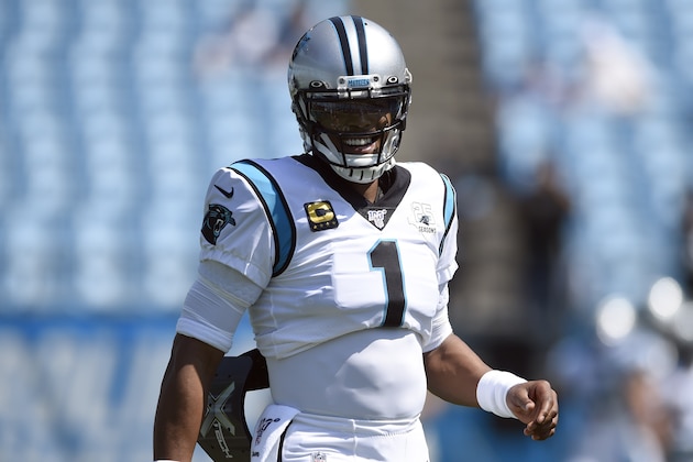 Carolina Panthers quarterback Cam Newton (1) warms up prior to an NFL football game against the Los Angeles Rams in Charlotte, N.C., Sunday, Sept. 8, 2019. (AP Photo/Mike McCarn)