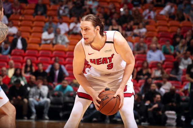 MIAMI, FL - FEBRUARY 26: Kelly Olynyk #9 of the Miami Heat handles the ball during the game against the Minnesota Timberwolves on February 26, 2020 at American Airlines Arena in Miami, Florida. NOTE TO USER: User expressly acknowledges and agrees that, by downloading and or using this Photograph, user is consenting to the terms and conditions of the Getty Images License Agreement. Mandatory Copyright Notice: Copyright 2020 NBAE (Photo by Issac Baldizon/NBAE via Getty Images)