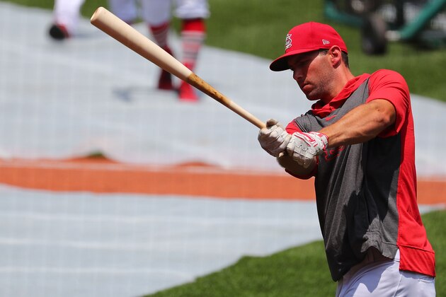 ST. LOUIS, MO - JULY 3: Paul Goldschmidt #46 of the St. Louis Cardinals warms up for batting practice during the first day of Summer workouts at Busch Stadium on July 3, 2020 in St. Louis, Missouri.  (Photo by Dilip Vishwanat/Getty Images)