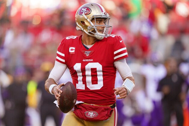 SANTA CLARA, CALIFORNIA - JANUARY 11: Jimmy Garoppolo #10 of the San Francisco 49ers looks to pass against the Minnesota Vikings in the third quarter during the NFC Divisional Round Playoff game at Levi's Stadium on January 11, 2020 in Santa Clara, California. (Photo by Thearon W. Henderson/Getty Images)
