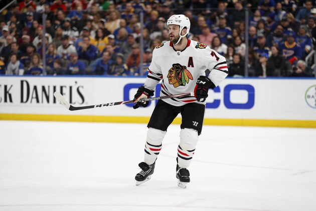 Chicago Blackhawks' Brent Seabrook in action during the second period of an NHL hockey game against the St. Louis Blues Saturday, Dec. 14, 2019, in St. Louis. (AP Photo/Jeff Roberson)