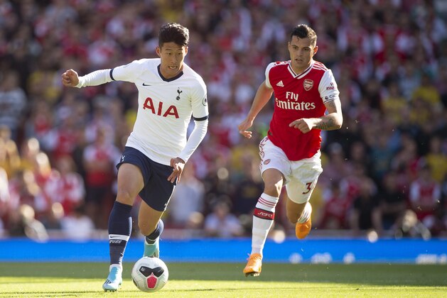 LONDON, ENGLAND - SEPTEMBER 01: Granit Xhaka of Arsenal and Son Heung-min of Tottenham Hotspur during the Premier League match between Arsenal FC and Tottenham Hotspur at Emirates Stadium on September 01, 2019 in London, United Kingdom. (Photo by Visionhaus)