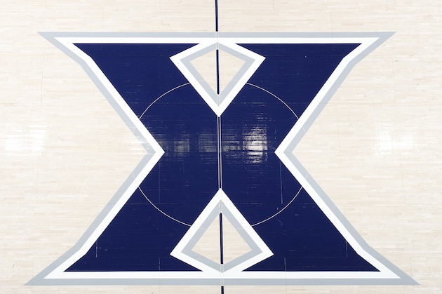 CINCINNATI, OH - JANUARY 09: General view of the Xavier Musketeers logo at half court during the game against the Georgetown Hoyas at Cintas Center on January 9, 2019 in Cincinnati, Ohio. Xavier won 81-75. (Photo by Joe Robbins/Getty Images)
