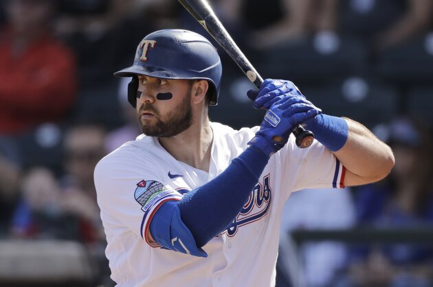 Texas Rangers' Joey Gallo bats during the first inning of a spring training baseball game against the Chicago Cubs Thursday, Feb. 27, 2020, in Surprise, Ariz. (AP Photo/Charlie Riedel)