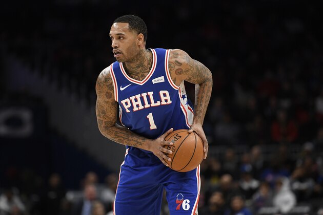 Philadelphia 76ers forward Mike Scott (1) handles the ball during the first half of an NBA basketball game against the Washington Wizards, Thursday, Dec. 5, 2019, in Washington. (AP Photo/Nick Wass)