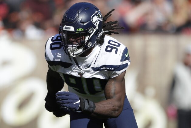 Seattle Seahawks outside linebacker Jadeveon Clowney (90) plays against the Cleveland Browns during the second half of an NFL football game, Sunday, Oct. 13, 2019, in Cleveland. (AP Photo/Ron Schwane) Seattle Seahawks outside linebacker Jadeveon Clowney (90) plays against the Cleveland Browns during the second half of an NFL football game, Sunday, Oct. 13, 2019, in Cleveland. (AP Photo/Ron Schwane)