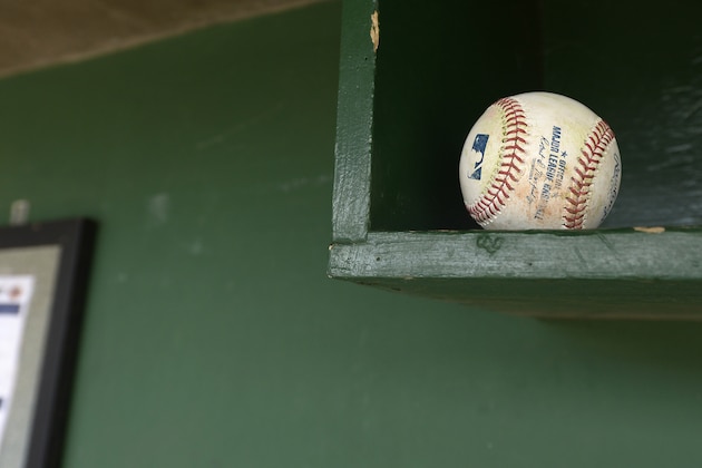 SCOTTSDALE, ARIZONA - FEBRUARY 25:  A general generic view of an official Major League Baseball sitting in the dugout during the game between the San Francisco Giants and Chicago White Sox on February 25, 2019 at Scottsdale Stadium in Scottsdale Arizona.  (Photo by Ron Vesely/MLB Photos via Getty Images)