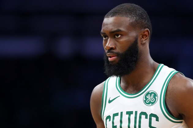 BOSTON, MASSACHUSETTS - DECEMBER 09: Jaylen Brown #7 of the Boston Celtics looks on during the second half of the game against the Cleveland Cavaliers at TD Garden on December 09, 2019 in Boston, Massachusetts. The Celtics defeat the Cavaliers 110-88. (Photo by Maddie Meyer/Getty Images)