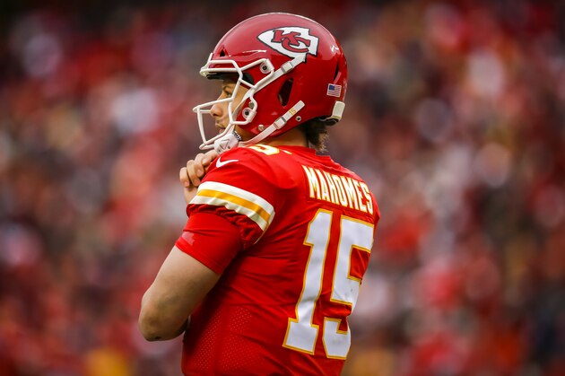 KANSAS CITY, MO - DECEMBER 29: Patrick Mahomes #15 of the Kansas City Chiefs looks to the sidelines during the third quarter against the Los Angeles Chargers at Arrowhead Stadium on December 29, 2019 in Kansas City, Missouri. (Photo by David Eulitt/Getty Images)