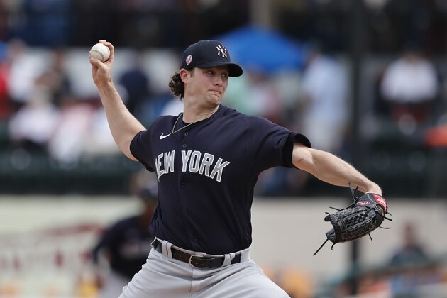 New York Yankees starting pitcher Gerrit Cole throws during a spring training baseball game against the Detroit Tigers, Thursday, March 5, 2020, in Lakeland, Fla. (AP Photo/Carlos Osorio)