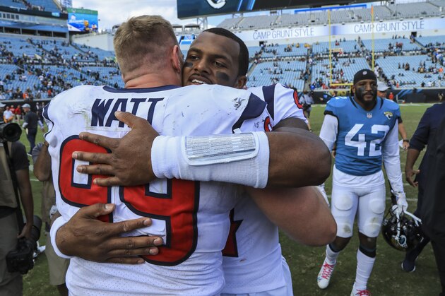 JACKSONVILLE, FL - OCTOBER 21: J.J. Watt #99 of the Houston Texans and Deshaun Watson #4 of the Houston Texans embrace following the Houston Texans 20-7 victory over the Jacksonville Jaguars at TIAA Bank Field on October 21, 2018 in Jacksonville, Florida. (Photo by Sam Greenwood/Getty Images) JACKSONVILLE, FL - OCTOBER 21: J.J. Watt #99 of the Houston Texans and Deshaun Watson #4 of the Houston Texans embrace following the Houston Texans 20-7 victory over the Jacksonville Jaguars at TIAA Bank Field on October 21, 2018 in Jacksonville, Florida. (Photo by Sam Greenwood/Getty Images)