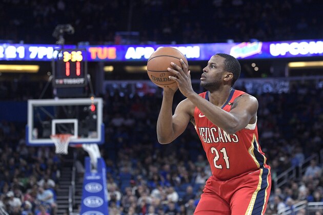 New Orleans Pelicans forward Darius Miller (21) sets up for a shot during the first half of an NBA basketball game against the Orlando Magic Wednesday, March 20, 2019, in Orlando, Fla. (AP Photo/Phelan M. Ebenhack) New Orleans Pelicans forward Darius Miller (21) sets up for a shot during the first half of an NBA basketball game against the Orlando Magic Wednesday, March 20, 2019, in Orlando, Fla. (AP Photo/Phelan M. Ebenhack)