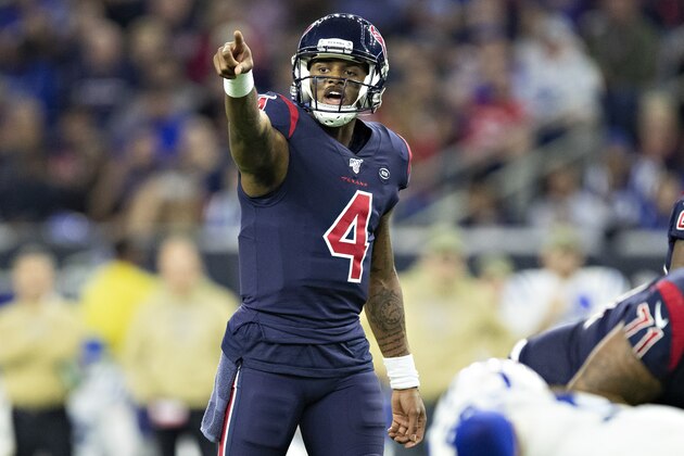 HOUSTON, TX - NOVEMBER 21:  Deshaun Watson #4 of the Houston Texans directs the offense at the line of scrimmage during a game against the Indianapolis Colts at NRG Stadium on November 21, 2019 in Houston, Texas.  The Texans defeated the Colts 20-17. (Photo by Wesley Hitt/Getty Images)