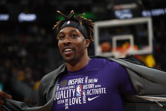Los Angeles Lakers center Dwight Howard (39) in the first half of an NBA basketball game Wednesday, Feb. 12, 2020, in Denver. (AP Photo/David Zalubowski)