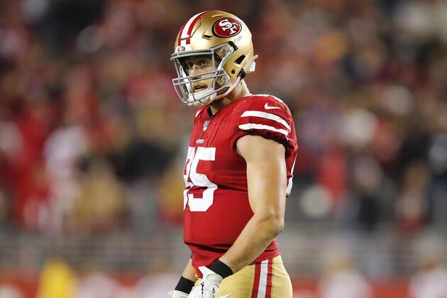 San Francisco 49ers tight end George Kittle during an NFL football game against the Los Angeles Rams in Santa Clara, Calif., Saturday, Dec. 21, 2019. (AP Photo/John Hefti)