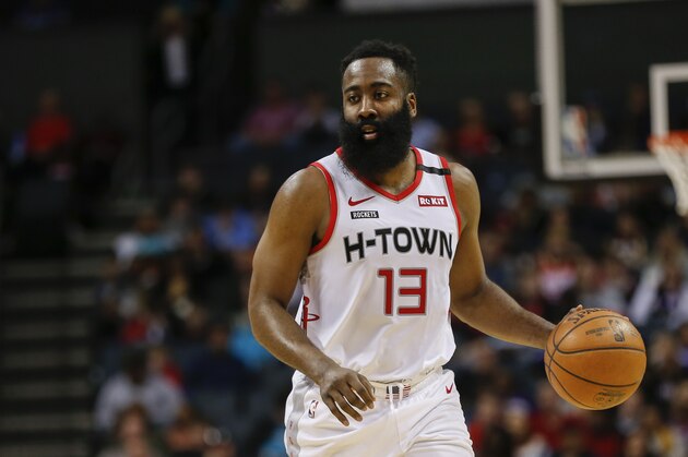 Houston Rockets guard James Harden runs the offense against the Charlotte Hornets during the second half of an NBA basketball game in Charlotte, N.C., Saturday, March 7, 2020. Charlotte won 108-99. (AP Photo/Nell Redmond)