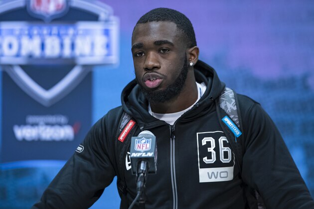 INDIANAPOLIS, IN - FEBRUARY 25: Denzel Mims #WO36 of the Baylor Bears speaks to the media at the Indiana Convention Center on February 25, 2020 in Indianapolis, Indiana. (Photo by Michael Hickey/Getty Images) *** Local Capture *** Denzel Mims