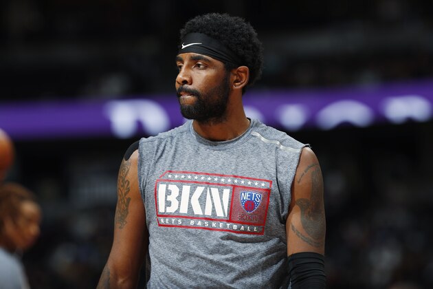 Brooklyn Nets guard Kyrie Irving (11) in the second half of an NBA basketball game Thursday, Nov. 14, 2019 in Denver. The Nuggets won 101-93. (AP Photo/David Zalubowski)