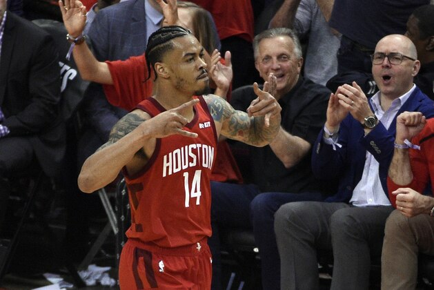 Houston Rockets guard Gerald Green (14) celebrates during the first half of Game 6 of the team's second-round NBA basketball playoff series against the Golden State Warriors on Friday, May 10, 2019, in Houston. (AP Photo/Eric Christian Smith)