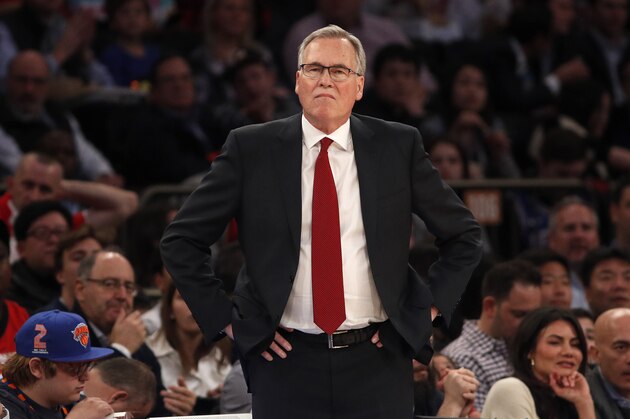 NEW YORK, NEW YORK - MARCH 02: (NEW YORK DAILIES OUT)  Head coach Mike D'Antoni of the Houston Rockets in action against the New York Knicks at Madison Square Garden on March 02, 2020 in New York City. The Knicks defeated the Rockets 125-123. NOTE TO USER: User expressly acknowledges and agrees that, by downloading and or using this photograph, User is consenting to the terms and conditions of the Getty Images License Agreement. (Photo by Jim McIsaac/Getty Images)