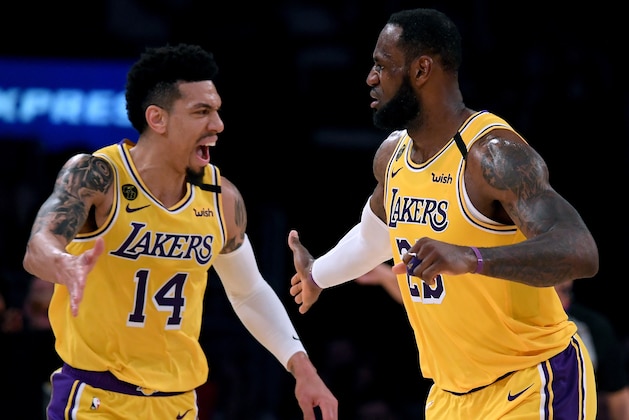 LOS ANGELES, CALIFORNIA - MARCH 06: LeBron James #23 of the Los Angeles Lakers celebrates his basket with Danny Green #14 during a 113-103 Laker win over the Milwaukee Bucks at Staples Center on March 06, 2020 in Los Angeles, California. NOTE TO USER: User expressly acknowledges and agrees that, by downloading and or using this photograph, User is consenting to the terms and conditions of the Getty Images License Agreement. (Photo by Harry How/Getty Images) LOS ANGELES, CALIFORNIA - MARCH 06: LeBron James #23 of the Los Angeles Lakers celebrates his basket with Danny Green #14 during a 113-103 Laker win over the Milwaukee Bucks at Staples Center on March 06, 2020 in Los Angeles, California. NOTE TO USER: User expressly acknowledges and agrees that, by downloading and or using this photograph, User is consenting to the terms and conditions of the Getty Images License Agreement. (Photo by Harry How/Getty Images)