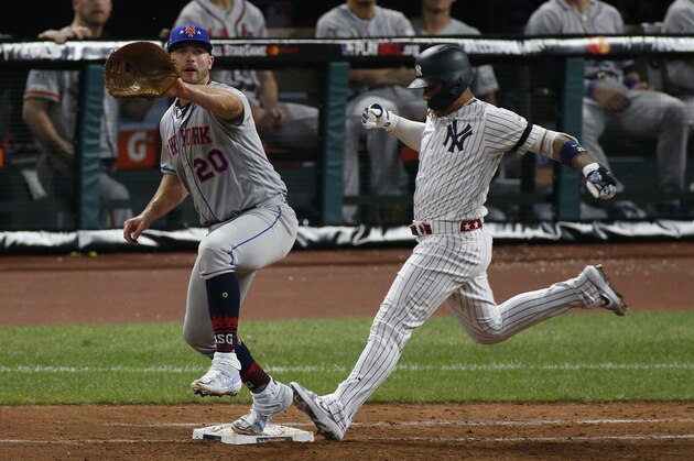CLEVELAND, OHIO - JULY 09: Pete Alonso #20 of the New York Mets and Gleyber Torres #25 of the New York Yankees during the 2019 MLB All-Star Game at Progressive Field on July 09, 2019 in Cleveland, Ohio. (Photo by Kirk Irwin/Getty Images)