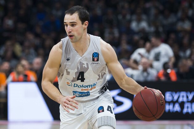 BELGRADE, SERBIA - MARCH 04: Aaron Craft of Dolomiti Energia Trento drives to the basket during the Eurocup match between KK Partizan and Dolomiti Energia Trento at Aleksandar Nikolic Hall on March 4, 2020 in Belgrade, Serbia. (Photo by Nikola Krstic/MB Media/Getty Images)