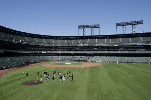 San Francisco Giants gather in the outfield at Oracle Park during a baseball practice in San Francisco, Sunday, July 5, 2020. (AP Photo/Jeff Chiu) San Francisco Giants gather in the outfield at Oracle Park during a baseball practice in San Francisco, Sunday, July 5, 2020. (AP Photo/Jeff Chiu)