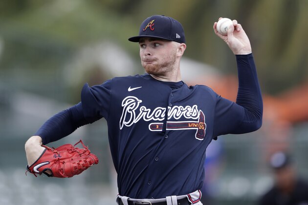 Atlanta Braves pitcher Sean Newcomb (15) works in the fist inning of a spring training baseball game against the Baltimore Orioles Wednesday, Feb. 26, 2020, in Sarasota, Fla. (AP Photo/John Bazemore)