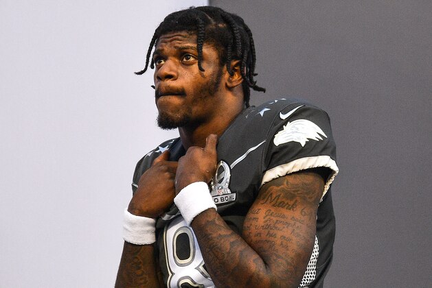 ORLANDO, FLORIDA - JANUARY 26: Lamar Jackson #8 of the Baltimore Ravens looks on after the 2020 NFL Pro Bowl at Camping World Stadium on January 26, 2020 in Orlando, Florida. (Photo by Mark Brown/Getty Images)