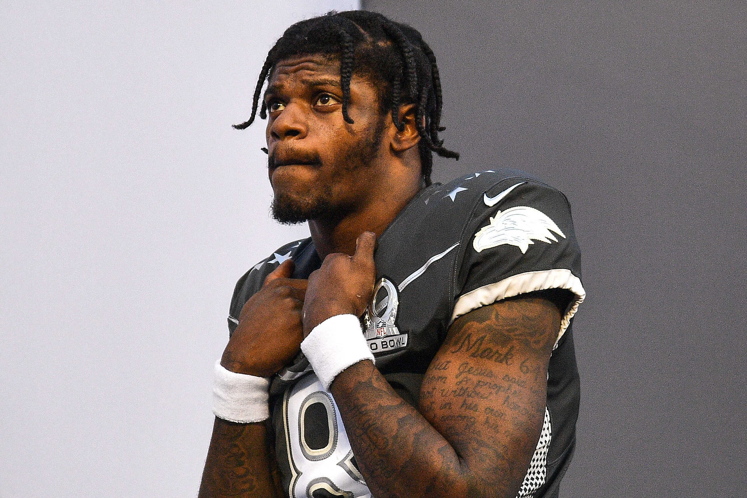 ORLANDO, FLORIDA - JANUARY 26: Lamar Jackson #8 of the Baltimore Ravens looks on after the 2020 NFL Pro Bowl at Camping World Stadium on January 26, 2020 in Orlando, Florida. (Photo by Mark Brown/Getty Images)