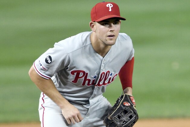 WASHINGTON, DC - SEPTEMBER 23:  Scott Kingery #4 of the Philadelphia Phillies in position during a baseball game against the Washington Nationals at Nationals Park on September 23, 2019 in Washington, DC.  (Photo by Mitchell Layton/Getty Images)