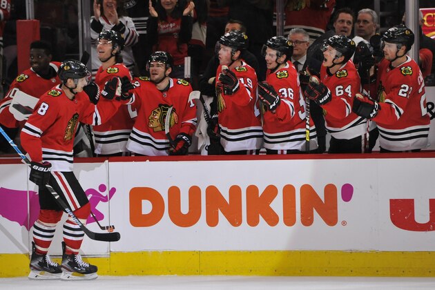 Chicago Blackhawks' Dominick Kubalik (8) of the Czech Republic, celebrates with teammates on the bench after defeating the San Jose Sharks 6-2 in an NHL hockey game Wednesday, March 11, 2020, in Chicago. (AP Photo/Paul Beaty)