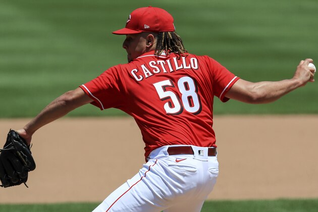 Cincinnati Reds' Luis Castillo (58) throws during team baseball practice at Great American Ballpark in Cincinnati, Sunday, July 5, 2020. (AP Photo/Aaron Doster)