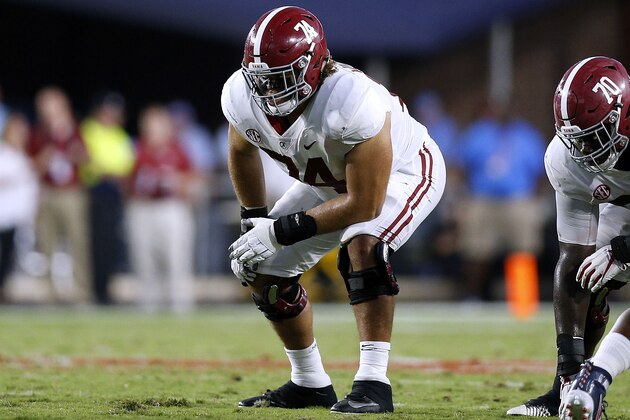 OXFORD, MS - SEPTEMBER 15:  Jedrick Wills Jr. #74 of the Alabama Crimson Tide guards during a game against the Mississippi Rebels at Vaught-Hemingway Stadium on September 15, 2018 in Oxford, Mississippi.  (Photo by Jonathan Bachman/Getty Images)