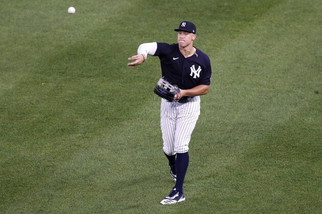 New York Yankees right fielder Aaron Judge throws from the outfield during a pitching change in an intrasquad game Monday, July 6, 2020, at Yankee Stadium in New York. (AP Photo/Kathy Willens)