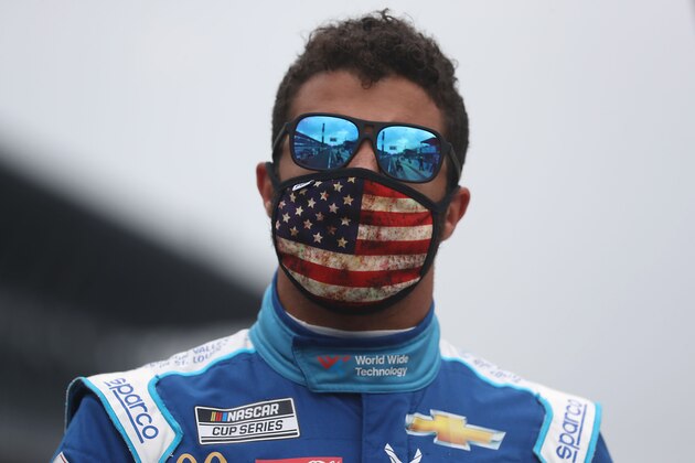 INDIANAPOLIS, INDIANA - JULY 05:  Bubba Wallace, driver of the #43 World Wide Technology Chevrolet, looks on from the grid prior to the NASCAR Cup Series Big Machine Hand Sanitizer 400 Powered by Big Machine Records at Indianapolis Motor Speedway on July 05, 2020 in Indianapolis, Indiana. (Photo by Chris Graythen/Getty Images)