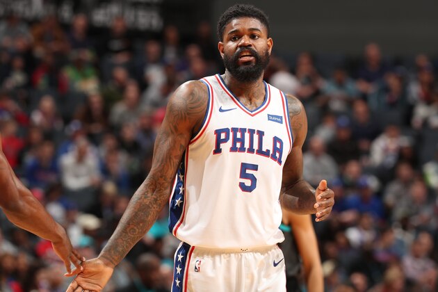 CHARLOTTE, NC - MARCH 19: Amir Johnson #5 of the Philadelphia 76ers looks on during the game against the Charlotte Hornets on March 19, 2019 at Spectrum Center in Charlotte, North Carolina. NOTE TO USER: User expressly acknowledges and agrees that, by downloading and or using this photograph, User is consenting to the terms and conditions of the Getty Images License Agreement.  Mandatory Copyright Notice:  Copyright 2019 NBAE (Photo by Kent Smith/NBAE via Getty Images)