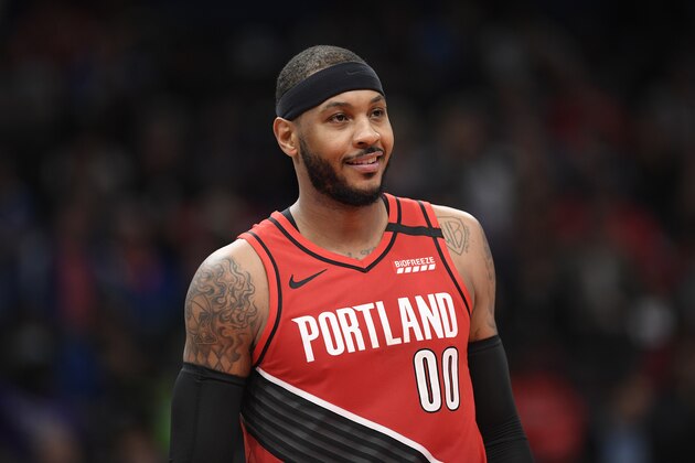 Portland Trail Blazers forward Carmelo Anthony (00) looks on during the second half of an NBA basketball game against the Washington Wizards, Friday, Jan. 3, 2020, in Washington. The Trail Blazers won 122-103. (AP Photo/Nick Wass)