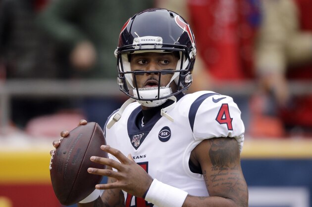 Houston Texans quarterback Deshaun Watson passes the ball before an NFL divisional playoff football game against the Houston Texans Sunday, Jan. 12, 2020, in Kansas City, Mo. (AP Photo/Charlie Riedel)