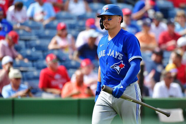 CLEARWATER, FLORIDA - MARCH 05: Reese McGuire #10 of the Toronto Blue Jays walks off the field after striking out during the third  inning of a Grapefruit League spring training game against the Philadelphia Phillies at Spectrum Field on March 05, 2020 in Clearwater, Florida. (Photo by Julio Aguilar/Getty Images)