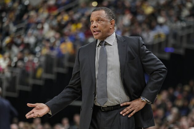 New Orleans Pelicans coach Alvin Gentry questions a call during the second half of the team's NBA basketball game against the Indiana Pacers in Indianapolis, Saturday, Feb. 8, 2020. The Pelicans won 124-117. (AP Photo/Michael Conroy)