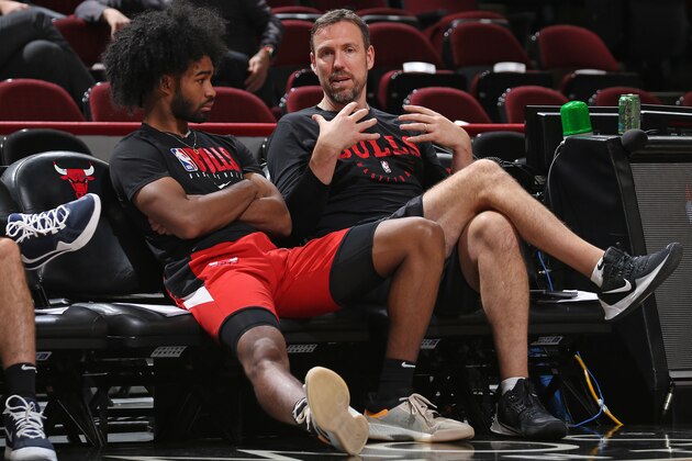 CHICAGO, IL -  NOVEMBER 16: Coby White #0 talks with assistant coach Chris Fleming of the Chicago Bulls before the game on November 16, 2019 at United Center in Chicago, Illinois. NOTE TO USER: User expressly acknowledges and agrees that, by downloading and or using this Photograph, user is consenting to the terms and conditions of the Getty Images License Agreement. Mandatory Copyright Notice: Copyright 2019 NBAE (Photo by Gary Dineen/NBAE via Getty Images)