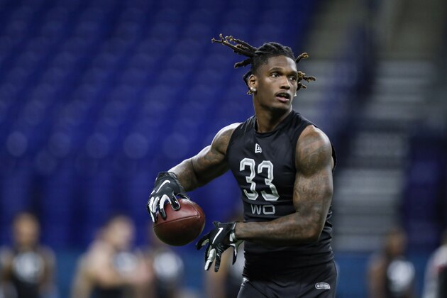 Oklahoma wide receiver Ceedee Lamb runs a drill at the NFL football scouting combine in Indianapolis, Thursday, Feb. 27, 2020. (AP Photo/Michael Conroy)